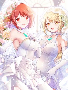 2girls blonde_hair blurry blurry_background bob_cut bouquet braid breasts cherry_blossoms collar commentary_request commission cowboy_shot detached_collar dress earrings flower gloves halter_dress halterneck hand_on_own_chest highres holding holding_bouquet indoors jewelry long_hair looking_at_viewer multiple_girls mythra_(xenoblade) open_mouth partial_commentary petals pyra_(xenoblade) red_eyes red_hair ring rose see-through_clothes see-through_veil short_hair skeb_commission skirt_hold smile strapless strapless_dress teeth ui_frara upper_teeth_only veil wedding_dress wedding_ring white_collar white_dress white_gloves white_veil window xenoblade_chronicles_(series) xenoblade_chronicles_2 yellow_eyes