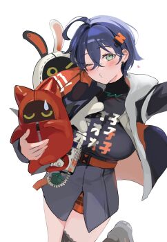 1girl alternate_breast_size bangboo_(zenless_zone_zero) belle_(zenless_zone_zero) black_thighhighs blue_hair blush breasts commentary_request devilboo_(zenless_zone_zero) earrings eous_(zenless_zone_zero) green_eyes hair_between_eyes hair_ornament heart highres holding jacket jewelry large_breasts long_sleeves looking_at_viewer momokan_(kandume200) o3o one_eye_closed open_clothes open_jacket red_eyes simple_background single_thighhigh skirt sweatdrop thighhighs white_background zenless_zone_zero