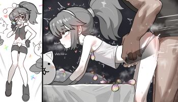 1boy 1girl ^^^ absurdres antennae armpits bed bent_over blank_censor blush boots breath cat_(nyanko_daisensou) censored condom condom_wrapper crop_top dark-skinned_male dark_skin ebora english_text flat_chest gloves goggles grey_boots grey_gloves grey_hair grey_skirt hairband heart heavy_breathing hetero highres loli miniskirt momoco_(nyanko_daisensou) multiple_views navel nyanko_daisensou out_of_frame pale_skin panties penis pillow ponytail puckered_lips rolling_eyes sex sex_from_behind shirt short_hair sidelocks skirt standing standing_sex stomach_bulge sweat tank_top torso_grab trembling underwear used_condom white_panties white_shirt x-ray