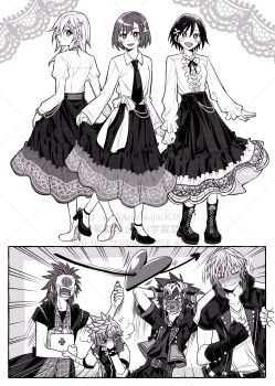 3girls 4boys amanojack38 axel_(kingdom_hearts) black_boots black_gloves black_hair black_jacket black_shoes blush boots bottle breasts collared_shirt commentary cropped_jacket crown_hair_ornament fingerless_gloves first_aid_kit frilled_sleeves frills furrowed_brow gloves greyscale hair_between_eyes hair_ornament hair_over_one_eye hair_slicked_back hand_on_own_chest hands_on_own_head heavy_breathing highres holding holding_another's_wrist holding_bottle jacket jewelry juliet_sleeves kairi_(kingdom_hearts) kingdom_hearts kingdom_hearts_iii long_hair long_skirt long_sleeves monochrome multiple_boys multiple_girls namine neck_ribbon necklace open_mouth parted_lips puffy_sleeves ribbon riku_(kingdom_hearts) roxas screentones shaded_face shirt shoes short_hair shuriken_hair_ornament sideboob skirt smile sora_(kingdom_hearts) spiked_hair sweatdrop symbol-only_commentary twitter_username upper_body wavy_mouth white_shirt white_shoes wing_hair_ornament xion_(kingdom_hearts)