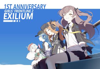 Rule 34 | 4girls, absurdres, anniversary, bare shoulders, black bow, black hat, black jacket, blue hair, bow, breasts, brown hair, choker, commentary, copyright name, dress shirt, english commentary, english text, g11 (girls' frontline), girls' frontline, girls' frontline 2: exilium, green eyes, grin, hair bow, hat, headband, highres, hk416 (girls' frontline), jacket, klukai (girls' frontline 2), kutsusama, lenna (girls' frontline 2), leva (girls' frontline 2), light smile, long hair, looking at viewer, mechty (girls' frontline 2), medium breasts, miniskirt, multiple girls, necktie, open clothes, open jacket, open mouth, orange hair, outdoors, pillow, red headband, scar, scar across eye, scar on face, shirt, short hair, sitting, skirt, sky, sleeping, small breasts, smile, ump45 (girls' frontline), ump9 (girls' frontline), very long hair, white hair, white shirt, yellow eyes, yellow necktie