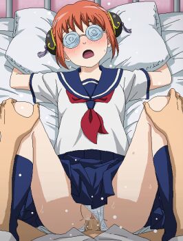 1boy 1girl censored clothed_sex clothing_aside gintama kagura_(gintama) lying missionary mosaic_censoring on_back orange_hair panties panties_aside penis pillow pillow_grab pussy sannen_z-gumi_ginpachi_sensei school_uniform serafuku sex short_hair solo_focus tomu_(tomubobu) underwear vaginal