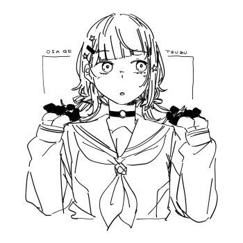 Rule 34 | 1girl, 524ryo, :o, border, choker, colored inner hair, commentary request, dress, gloves, greyscale, hair ornament, hairclip, half gloves, hasu no sora school uniform, highres, link! like! love live!, long sleeves, love live!, low twintails, medium hair, monochrome, multicolored hair, neckerchief, o-ring, o-ring choker, official alternate hairstyle, on your mark (love live!), outside border, parted lips, romaji commentary, sailor collar, sailor dress, school uniform, short twintails, simple background, solo, star (symbol), star hair ornament, twintails, virtual youtuber, winter uniform, yugiri tsuzuri