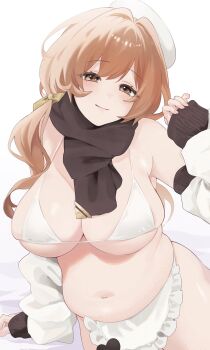 Rule 34 | 1girl, apron, belly, beret, black scarf, bow, bra, bready (nikke), breasts, brown eyes, brown hair, chosmahe, cleavage, detached sleeves, frilled apron, frills, goddess of victory: nikke, hair bow, hair over shoulder, hat, heart, large breasts, lips, low twintails, navel, plump, scarf, sitting, skindentation, sleeves past wrists, smile, solo, thick thighs, thighs, twintails, underwear, white apron, white background, white bra, white hat, white sleeves