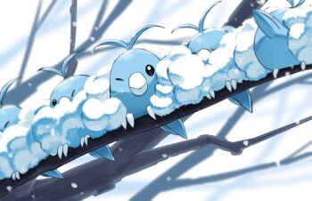 beak black_eyes blue_skin blurry blurry_background branch colored_skin commentary gen_3_pokemon highres looking_at_viewer nintendo one_eye_closed pokemon pokemon_(creature) pokemon_focus shiznar sitting_on_branch snow snowing swablu wings