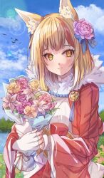 Rule 34 | 1girl, animal ear fluff, animal ears, blonde hair, blue sky, bouquet, closed mouth, cloud, cropped jacket, day, eyelashes, fingerless gloves, fire emblem, fire emblem fates, flower, fox ears, fox girl, fur collar, fuussu (21-kazin), gloves, hair flower, hair ornament, highres, holding, holding bouquet, jacket, japanese clothes, kimono, lens flare, light blush, light particles, long sleeves, medium bangs, medium hair, multicolored hair, nintendo, open clothes, open jacket, orange hair, outdoors, pink flower, pink rose, purple flower, red jacket, rose, selkie (fire emblem), sky, smile, solo, split mouth, streaked hair, tassel, two-tone hair, white flower, white gloves, white kimono, wide sleeves, yellow eyes, yellow flower