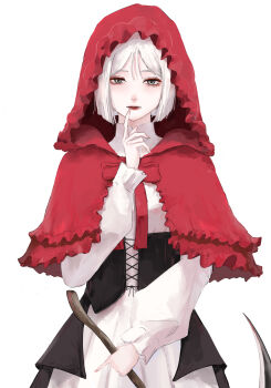 1girl absurdres black_corset bob_cut cape commentary corset cowboy_shot dress eyeshadow finger_to_mouth grey_eyes highres holding holding_scythe little_red_riding_hood_(fairy_tale) long_sleeves looking_at_viewer makeup original red_cape scythe short_hair simple_background solo standing ushi_yo white_background white_dress white_hair