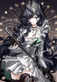 Rule 34 | 1girl, absurdres, black boots, black gloves, black hair, boots, breasts, brown background, cane, cleavage, closed mouth, commission, cowboy shot, earrings, gloves, grey hat, grey jacket, grey skirt, hat, high-low skirt, highres, holding, holding cane, isolde (and all that jazz) (reverse:1999), isolde (reverse:1999), jacket, jewelry, long hair, looking at viewer, official alternate costume, purple eyes, qingzheng xuan, reverse:1999, shirt, skirt, smile, solo, star (symbol), star symbol background, thigh boots, very long hair, white shirt