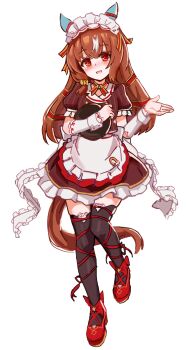1girl alternate_costume animal_ears apron blush breasts brown_hair commentary_request full_body hair_between_eyes hair_ornament highres horse_ears horse_girl krisp_today long_hair looking_at_viewer maid_headdress open_mouth red_eyes small_breasts solo standing standing_on_one_leg still_in_love_(umamusume) thighhighs tray umamusume