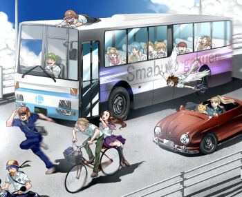 4girls 6+boys alternate_costume bicycle bus captain_falcon car contemporary f-zero fire_emblem fire_emblem:_path_of_radiance flying gen_1_pokemon ike_(fire_emblem) kid_icarus link lucas_(mother_3) luigi mario mario_(series) marth_(fire_emblem) metroid mother_(series) mother_2 mother_3 motor_vehicle multiple_boys multiple_girls ness_(mother_2) nintendo pikachu pit_(kid_icarus) pointy_ears pokemon pokemon_(creature) porsche princess_daisy princess_peach princess_zelda running samus_aran school_uniform serafuku super_mario_land super_smash_bros. the_legend_of_zelda the_legend_of_zelda:_twilight_princess toon_link vehicle_focus wasabi_(legemd) zero_suit