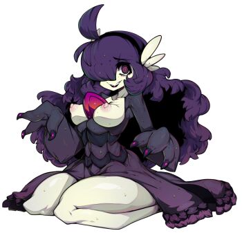 1girl breasts breasts_out colored_skin fusion gardevoir gen_3_pokemon hex_maniac_(pokemon) hex_maniac_(pokemon_xy) highres kneeling long_hair looking_at_viewer medium_breasts nintendo nipples pokemon pokemon_xy purple_hair simple_background slugbox smile white_skin