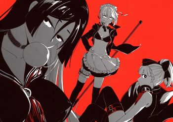 3girls apron artoria_pendragon_(fate) bikini blowing_bubble_gum breasts candy chewing_gum choker commentary_request fate/grand_order fate_(series) food food_in_mouth hair_ribbon headphones helena_blavatsky_(fate) helena_blavatsky_(swimsuit_archer)_(third_ascension)_(fate) holding holding_mop ice_cream large_breasts lollipop lollipop_in_mouth long_hair looking_at_viewer maid maid_apron maid_bikini maid_headdress minamoto_no_raikou_(fate) minamoto_no_raikou_(fate/grand_order) minamoto_no_raikou_(swimsuit_lancer)_(fate) minamoto_no_raikou_(swimsuit_lancer)_(second_ascension)_(fate) mop multiple_girls navel over-kneehighs parted_bangs ponytail red_background ribbon saber_alter saber_alter_(swimsuit_rider)_(second_ascension) small_breasts swimsuit thighhighs unconventional_maid xu_yan_(sm6739420)