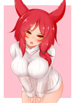 1girl alternate_costume animal_ears annoyed ayatori_(aytr) breasts cowboy_shot dot_nose facial_mark female_focus hands_on_own_thighs highres large_breasts league_of_legends leaning_forward long_hair long_sleeves looking_at_viewer open_mouth pov red_hair sleeves_past_wrists slit_pupils solo standing sweater teeth turtleneck upper_teeth_only variant_set vastaya white_sweater wide_hips xayah yellow_eyes