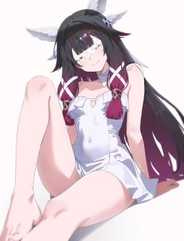 1girl absurdres bare_shoulders barefoot blunt_bangs breasts closed_eyes columbina_(genshin_impact) commentary dress foot_out_of_frame genshin_impact hair_ornament highres long_hair multicolored_hair nvl purple_hair simple_background sitting small_breasts smile solo streaked_hair thighs twitter_username white_background white_dress