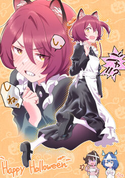 10ttruck 3girls alternate_costume animal_ears apron black_dress black_shoes blush cat_ears chibi commentary_request dress enmaided fang frilled_apron frills full_body halloween highres komari_chika long_sleeves maid maid_apron make_heroine_ga_oo_sugiru! multiple_girls multiple_views red_hair revision shoes short_hair speech_bubble translation_request white_apron yakishio_lemon yanami_anna yellow_eyes