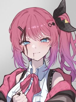 1girl absurdres blood blood_on_face blood_on_mouth blue_eyes blush closed_mouth commentary_request crying highres jewelry kuramochi_meruto kuramochi_meruto_(1st_costume) light_blush light_smile looking_at_viewer nijisanji pink_hair pink_ribbon ribbon ring side_ponytail smile solo virtual_youtuber yozakura_nozomu
