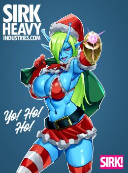 1girl alien antennae armpits bikini blue_background blue_skin breasts christmas colored_skin fur-trimmed_gloves fur-trimmed_skirt fur_trim gloves green_hair hair_over_one_eye hat highres holding holding_sack large_breasts long_hair looking_at_viewer navel open_mouth original pink_eyes red_gloves red_skirt red_thighhighs sack sack_behind_back santa_bikini santa_costume santa_hat scar scar_on_face simple_background sirk9 skirt smile solo stomach striped_clothes striped_thighhighs swimsuit teeth thighhighs toned toned_female upper_teeth_only white_thighhighs