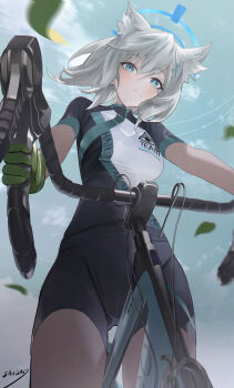 1girl absurdres animal_ear_fluff animal_ears bicycle bike_jersey bike_shorts blue_archive blue_eyes breasts chinese_commentary commentary_request cross cross_hair_ornament cycling_uniform extra_ears from_below gloves green_gloves grey_hair hair_ornament highres inverted_cross leaf looking_at_viewer medium_breasts medium_hair official_alternate_costume on_bicycle outdoors road_bicycle shiroko_(blue_archive) shiroko_(cycling)_(blue_archive) sky solo wolf_ears xiao_sa_(hayatekkk)