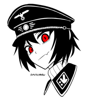 1girl artist_name black_hair collar_tabs fang hat koalakanru looking_at_viewer military military_hat nazi original peaked_cap portrait red_eyes reichsadler short_hair simple_background skin_fang smile soldier solo spot_color sven_hoffmann swastika upper_body white_background world_war_ii