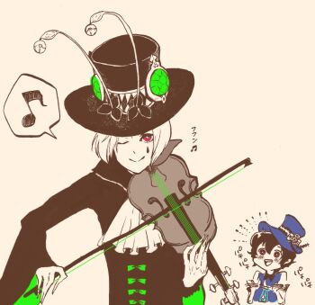Rule 34 | 2boys, ascot, bad id, bad pixiv id, black hair, blue hat, blue vest, bow, bright pupils, closed mouth, facial mark, gem, green bow, green gem, grimms notes, hat, hat ornament, highres, holding, holding instrument, holding violin, instrument, looking at viewer, male focus, misoshiru umai4, multiple boys, music, musical note, one eye closed, pink eyes, pinocchio (grimms notes), playing instrument, riccardo (grimms notes), short hair, simple background, smile, spoken musical note, teardrop facial mark, upper body, vest, violin, white background, white hair, white pupils