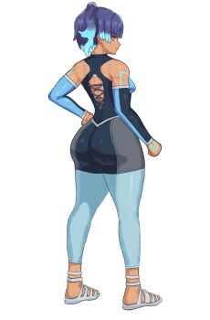 1girl absurdres ass ass_focus bare_shoulders blue_hair breasts dark_skin detached_sleeves djames flaming_hair from_behind gradient_hair highres huge_ass looking_at_viewer looking_back multicolored_hair ponytail sena_(xenoblade) short_hair side_ponytail sideboob smile solo thick_thighs thighs unitard xenoblade_chronicles_(series) xenoblade_chronicles_3