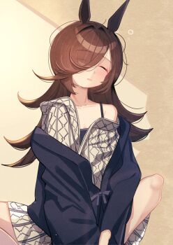 1girl animal_ears bath_yukata black_bra blue_robe bra breasts brown_hair closed_eyes collarbone flipped_hair grey_kimono hair_over_one_eye highres horse_ears horse_girl japanese_clothes kimono long_hair parted_lips rice_shower_(umamusume) robe single_bare_shoulder sleeping small_breasts solo striped_clothes striped_kimono umamusume underwear vertical-striped_clothes vertical-striped_kimono yomean! yukata