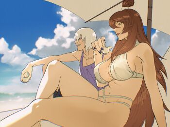 alcohol arm_support beach bikini black_shorts blue_sky breasts brown_hair choko_(cup) cleavage cloud cloudy_sky collarbone commission cumulonimbus_cloud cup drink drinking_glass from_side green_eyes grin hair_bun hair_tie halterneck hand_on_ground hand_on_own_knee highres holding holding_cup holding_drink hoozuki_suigetsu knees_up large_breasts leaning_back lipstick long_hair looking_at_another looking_to_the_side makeup naruto_(classic) naruto_(series) okota_to_tv on_ground parasol pixiv_commission purple_eyes purple_tank_top sake sharp_teeth short_hair shorts sideboob sitting sky smile summer swimsuit tank_top teeth terumi_mei thick_thighs thighs umbrella white_bikini white_hair