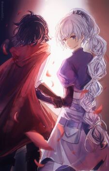 2girls akane031 artist_name blue_dress blue_eyes braid braided_ponytail dress gradient_hair highres holding light long_hair looking_back multicolored_hair multiple_girls petals red_hair ruby_rose rwby scar scar_across_eye scar_on_face short_hair single_braid weiss_schnee white_hair yuri