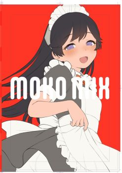 1girl :d alternate_costume apron apron_lift back_bow black_dress black_hair blush bow clothes_lift collared_dress commentary_request double-parted_bangs dress english_text enmaided frilled_apron frills from_side hair_between_eyes i-400_(kancolle) kantai_collection long_hair looking_at_viewer maid maid_apron maid_headdress neck_ribbon open_mouth puffy_short_sleeves puffy_sleeves purple_eyes red_background red_ribbon ribbon sakiecho short_sleeves sidelocks simple_background smile solo unfinished upper_body white_apron white_background white_bow