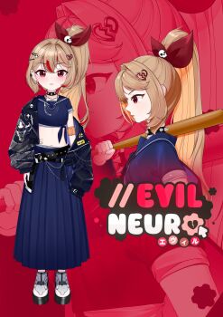 1girl absurdres baseball_bat black_collar black_jacket blue_shirt blue_skirt broken_heart broken_heart_hair_ornament brown_hair character_name closed_mouth collar commentary cropped_shirt english_commentary evil_neuro-sama from_side full_body hair_between_eyes hair_ornament hair_ribbon hairclip heart high_ponytail highres holding holding_baseball_bat jacket jewelry kikomocreative long_hair long_skirt long_sleeves multicolored_hair multiple_necklaces multiple_views navel necklace neuro-sama ponytail profile red_eyes red_hair red_ribbon ribbon shirt shoes skirt spiked_collar spikes standing straight-on streaked_hair vedal_ai virtual_youtuber white_shoes zoom_layer