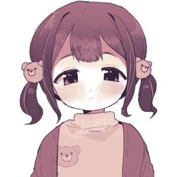 1girl animal_hair_ornament animal_print bear_hair_ornament bear_print blush cardigan hair_ornament long_sleeves looking_at_viewer monochrome nakajima_lupus open_cardigan open_clothes original print_shirt shirt short_hair smile standing turtleneck turtleneck_shirt twintails white_background