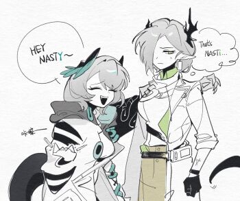 Rule 34 | 2girls, anger vein, aqua wings, arknights, breasts, character name, closed eyes, closed mouth, coat, cowboy shot, english text, feathered wings, grey hair, hair between eyes, hashtag-only commentary, head wings, highres, ho'olheyak (arknights), horns, long sleeves, lubianshi1, medium hair, multiple girls, nasti (arknights), open mouth, pointy ears, shirt, small sweatdrop, snake girl, snake tail, speech bubble, standing, tail, teeth, upper teeth only, wings