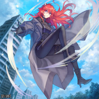 1girl belt black_gloves black_pants breasts building cloud coat copyright_name dairoku_ryouhei day fran_stilleto gloves high_heels horns long_hair long_sleeves medium_breasts open_clothes open_coat outdoors pants red_hair skyscraper thigh_belt thigh_strap trench_coat tsukioka_keru
