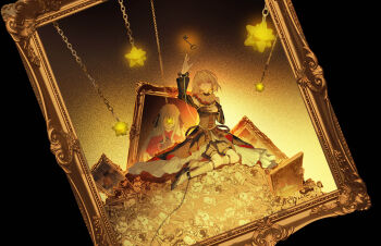 Rule 34 | 1girl, absurdres, bang dream!, bang dream! it's mygo!!!!!, bare shoulders, black background, black dress, black shorts, blonde hair, chibi, commentary request, cuffs, doloris (bang dream!), dress, garter straps, grey socks, handcuffs, highres, key, kneehighs, medium hair, misumi uika, oblivionis (bang dream!), open mouth, picture frame, purple eyes, shorts, simple background, socks, togawa sakiko, yang lizi