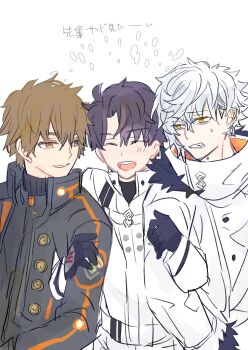 Rule 34 | 3boys, black hair, black jacket, brown eyes, brown hair, chaldea logo, command spell, earrings, fate/grand order, fate (series), fujimaru ritsuka (male), fur-trimmed jacket, fur trim, high collar, highres, jacket, jewelry, kadoc zemlupus, kishinami hakuno (male), kishinami hakuno (male) (mooncancer), locked arms, looking at another, multiple boys, omochitokosian, open mouth, parted lips, short hair, smile, sweatdrop, teeth, turtleneck, upper teeth only, white hair, white jacket, yaoi, yellow eyes