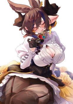 Rule 34 | 1girl, aki663, animal ears, black gloves, black skirt, blush, breasts, brown hair, brown thighhighs, button gap, cleavage, closed eyes, corset, dress, earrings, extra ears, frills, galleon (granblue fantasy), garter straps, gloves, granblue fantasy, highres, horns, jewelry, large breasts, layered skirt, long sleeves, medium hair, multicolored hair, pointy ears, revision, sitting, skirt, smile, streaked hair, swept bangs, thighhighs, thighs, tongue, tongue out, unworn eyewear, white dress, yellow skirt