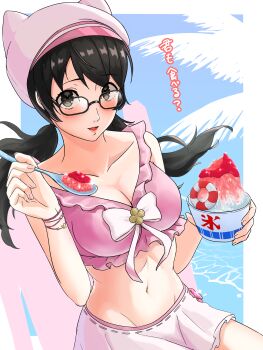 1girl absurdres bikini bikini_skirt black-framed_eyewear black_eyes black_hair blush bow breasts cleavage collarbone food frilled_bikini frills highres holding holding_shaved_ice holding_spoon large_breasts looking_at_viewer low_twintails mo_yako navel noge_tomoko persona persona_5 persona_5:_the_phantom_x pink_bikini shaved_ice spoon swimsuit twintails white_bow