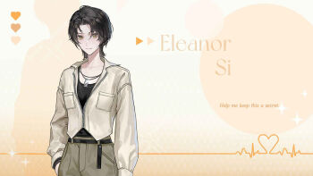 1girl androgynous black_shirt brown_hair brown_pants cardiogram character_name closed_mouth commentary cowboy_shot eleanor_si english_commentary english_text heart highres looking_at_viewer love_curse:_find_your_soulmate official_art pale_skin pants partially_unzipped shirt short_hair smile solo sparkle triangle yellow_background yellow_eyes