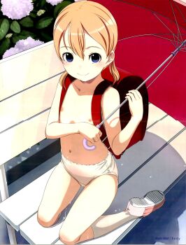 1girl artist_name backpack bag bench blonde_hair blue_eyes blush briefs closed_mouth collarbone dot_nose exhibitionism eyebrows female_focus flat_chest flower hair_between_eyes highres holding hydrangea kneeling loli low_twintails male_underwear navel nipples outdoors panties public_indecency pussy_juice pussy_juice_puddle pussy_juice_trail randoseru red_shoes red_umbrella shoes smile socks sody solo topless_female twintails umbrella underwear wet wet_clothes wet_panties white_panties white_socks