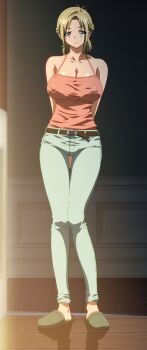 1boy 1girl 2011 age_difference blonde_hair blue_eyes breasts covered_erect_nipples denim female_focus bad_tag game_cg highres huge_breasts indoors kamimura_akiko keisuke_(sisters) kouzaka_kohei kouzaka_kouhei mature_female no_bra older_female_and_younger_male older_female_and_younger_male pants ponytail premature_ejaculation sisters_~natsu_no_saigo_no_hi~ slippers stepmother_and_stepson taki_minashika tight_clothes tight_pants