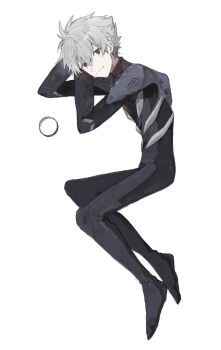 1boy closed_mouth commentary_request grey_hair hair_between_eyes highres light_smile looking_at_viewer lying male_focus mecha_pilot_suit nagisa_kaworu neon_genesis_evangelion on_side oshio_(baniniwana) plugsuit_(evangelion) red_eyes simple_background solo white_background