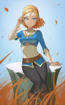 Rule 34 | 1girl, belt, blonde hair, blue eyes, blue shirt, breasts, brown belt, floating, floating hair, grass, hair behind ear, highres, knees together feet apart, leaf, lem, looking back, medium breasts, nintendo, parted hair, pointy ears, princess zelda, shirt, short hair, sitting, smile, solo, the legend of zelda, the legend of zelda: breath of the wild, the legend of zelda: tears of the kingdom