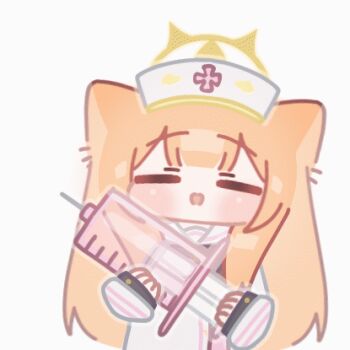1girl animal_ears animal_print animated animated_gif baseball_bat bible_(object) blue_archive blunt_bangs book chainsaw chibi closed_eyes dress halo hat heart heart_print holding holding_book holding_chainsaw holding_syringe horuhara long_hair long_sleeves lowres mari_(blue_archive) nail_(hardware) nail_bat no_nose nurse_cap open_mouth orange_hair rabbit_print raised_eyebrows sleeves_past_wrists smile solo syringe very_long_hair yellow_halo