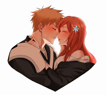 1boy 1girl absurdres after_kiss bare_shoulders black_kimono bleach blush closed_eyes collarbone couple cropped_torso facing_another from_side hair_in_own_mouth hair_ornament hairclip hand_on_another&#039;s_shoulder hetero highres inoue_orihime japanese_clothes kimono kurosaki_ichigo long_hair open_mouth orange_hair parted_lips profile saliva saliva_trail sela_(chanppu) short_hair sweatdrop upper_body white_background