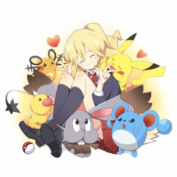 1girl :o black_shirt black_shoes black_socks blonde_hair blush buck_teeth bunnelby closed_eyes closed_mouth commentary dedenne dot_nose double_w gen_1_pokemon gen_2_pokemon gen_6_pokemon heart highres horns kneehighs lass_(pokemon) lass_(pokemon_xy) marill nintendo on_shoulder open_mouth pikachu poke_ball poke_ball_(basic) pokemon pokemon_(creature) pokemon_on_shoulder pokemon_xy ponytail red_skirt shirt shoes simple_background single_horn skirt smile socks teeth tm_(hanamakisan) v-shaped_eyes w weedle white_background