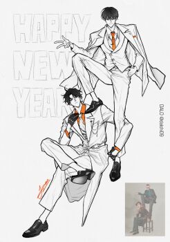 Rule 34 | 2boys, ahoge, belt, black gloves, black hair, collared shirt, commentary, curtained hair, dalchi09, english commentary, figure four sitting, frown, full body, gloves, hand in pocket, happy new year, highres, invisible chair, jacket, jacket on shoulders, kim dokja, knee up, lapel chain, looking at viewer, male focus, multiple boys, necktie, new year, omniscient reader's viewpoint, orange necktie, orange shirt, photo-referenced, reference inset, shirt, short hair, sitting, smirk, spot color, stepped on, v, vest, white jacket, white necktie, white shirt, white vest, yoo joonghyuk
