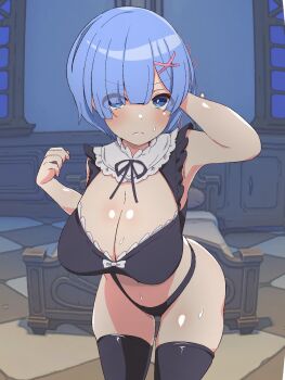 1girl annoyed arm_behind_head arm_up armpits black_panties black_shirt black_thighhighs blue_eyes blue_hair blush breasts cleavage cleavage_cutout closed_mouth clothing_cutout collar cropped_shirt detached_collar dot_nose embarrassed eyebrows_hidden_by_hair eyelashes feet_out_of_frame female_focus hand_up hatenamaru highres indoors large_breasts leaning_forward matching_hair/eyes panties re:zero_kara_hajimeru_isekai_seikatsu rem_(re:zero) shirt short_hair sleeveless sleeveless_shirt solo standing sweat thick_thighs thighhighs thighs underwear white_collar wide_hips