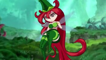 1girl 2024 3d absurdly_long_hair adjusting_clothes animated artist_name bare_shoulders betilla_(rayman) black_eyes body_freckles bouncing_breasts bracelet breasts cleavage close-up commentary day english_commentary fairy fairy_wings female_focus floating forest freckles gold_bracelet grabbing_own_breast green_hat green_thighhighs grin gtscasey hair_between_eyes half-closed_eyes hat jewelry large_breasts long_hair looking_at_viewer microskirt midriff nature navel outdoors rayman_(series) rayman_origins red_hair side_slit skirt smile strapless teasing thighhighs ubisoft ultim8nik very_long_hair video wings