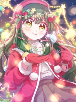 1girl absurdres beret blush box candy candy_cane candy_cane_hair_ornament candy_hair_ornament christmas christmas_ornaments christmas_ornaments_in_hair commentary_request crystal_ball food food-themed_hair_ornament fur-trimmed_gloves fur_trim gift gift_box gloves green_hair hair_ornament hair_ribbon haruiroha hat highres jacket long_hair long_sleeves looking_at_viewer open_clothes open_jacket original ribbon smile snowflake_hair_ornament snowman solo star-shaped_pupils star_(symbol) star_hair_ornament symbol-shaped_pupils two-tone_background upper_body wavy_hair white_background yellow_background yellow_eyes