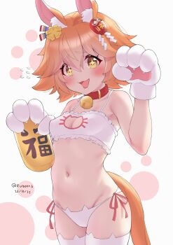 1girl absurdres animal_ears animal_hands breasts cat_cutout cat_lingerie cleavage_cutout clothing_cutout clover_hair_ornament commentary_request daruma_doll gloves hair_ornament highres horse_ears horse_girl horse_tail maneki-neko matikanefukukitaru_(umamusume) medium_breasts navel orange_hair panties petite romaji_commentary ruinone short_hair solo tail thighhighs umamusume underwear
